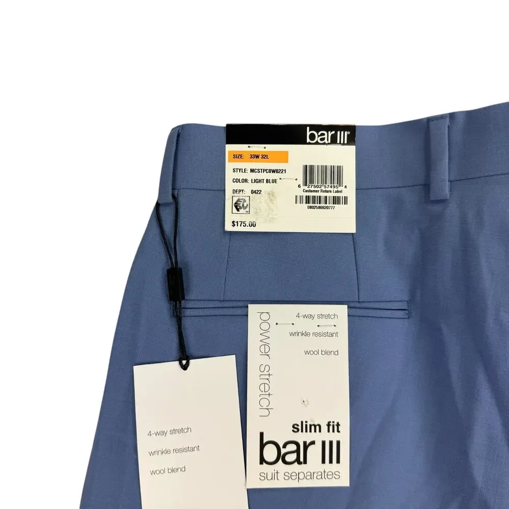 Bar III Mens Slim Fit Wool Blend Solid Power Stretch Suit Pants Light Blue 33x32
